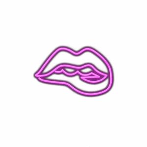 Neon pink lips line art on white background.