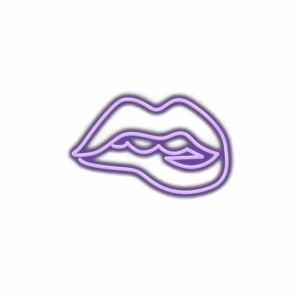 Neon purple lips sign, white background.