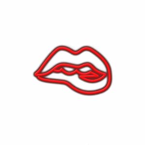 Red neon lips illustration on white background.