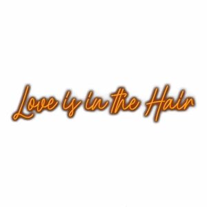 Pun "Love is in the Hair" orange text shadow.
