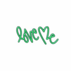 Green neon sign saying "Love Me" in cursive.