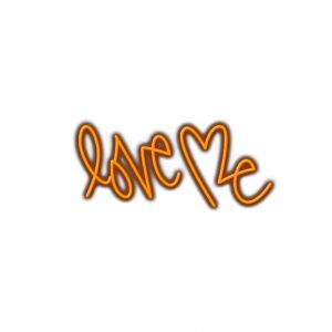 Orange "Love Me" cursive text illustration.