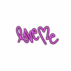 Neon sign text "Love Me" in cursive, purple glow.