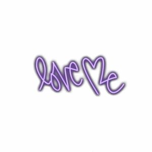 Purple "Love Me" cursive text illustration