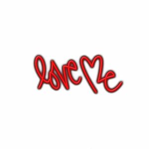 Red "Love Me" neon script on white background.