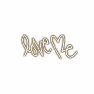 Gold "Love Me" cursive text illustration.