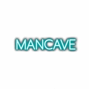 Turquoise "MANCAVE" sign text on white background.