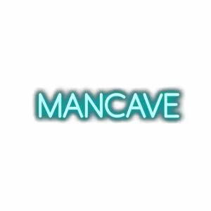 Neon-style "MANCAVE" sign text graphic.