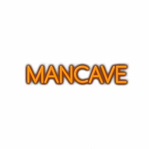 Orange "MANCAVE" text with 3D effect on white background.