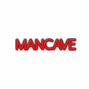 Red "MANCAVE" text with shadow effect on white background.
