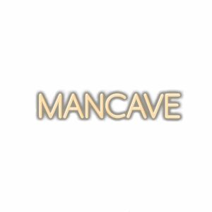 Stylized "MANCAVE" text in beige on white background.