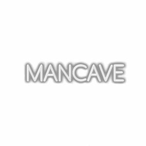 Embossed "MANCAVE" text on a white background.