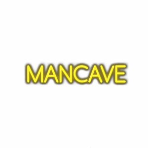 Yellow "MANCAVE" sign with shadow on white background.
