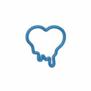 Neon blue tooth outline graphic on white background.