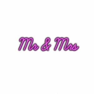 Neon "Mr & Mrs" sign on white background.