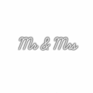 Mr & Mrs" elegant white cursive text on neutral background.