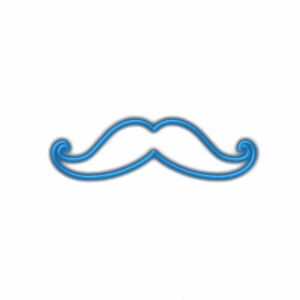 Blue neon mustache icon on white background.