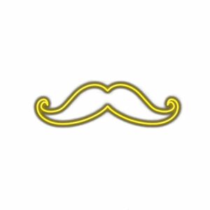 Neon yellow mustache sign on white background.