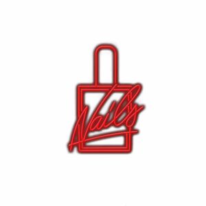 Red neon sign text "Zails" with nail polish brush design.
