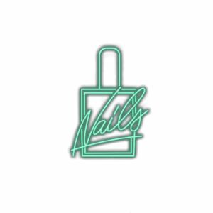 Neon sign with stylized text "Nails