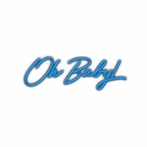 Stylized text "Oh Baby" in blue script on white background.