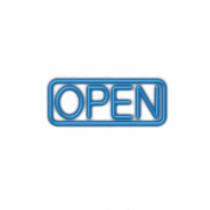 Neon blue "OPEN" sign with metallic outline