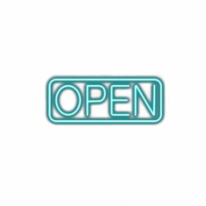 Neon "Open" sign with white background.