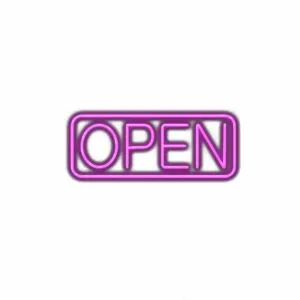 Neon "OPEN" sign with purple glow.