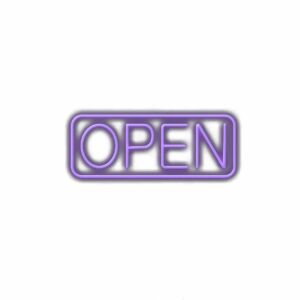Neon purple "OPEN" sign with white background.