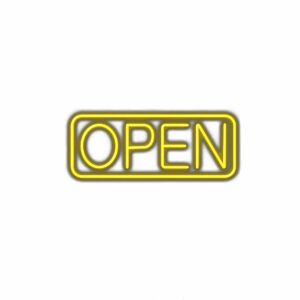 Neon open sign with yellow glow on white background.