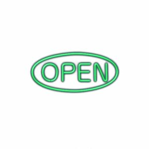 Neon green "OPEN" sign on white background.