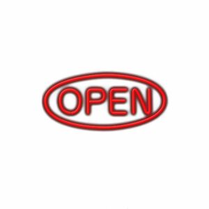 Red neon open sign with white background.