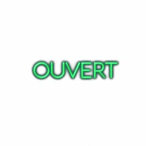 Neon green "OUVERT" sign on white background.