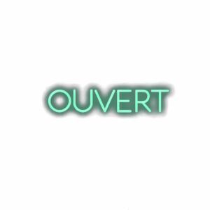 Neon green 'OUVERT' sign indicating open in French