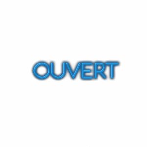 Blue neon sign text 'OUVERT' on white background.