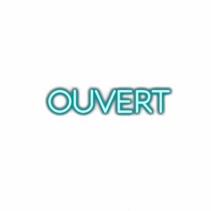 Neon sign with word "OUVERT" in turquoise.