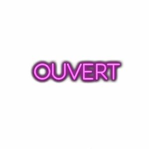 Purple neon sign 'OUVERT' on white background.