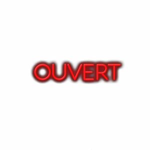 Red neon sign with the word "OUVERT" meaning "open".