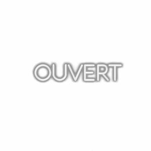 Silver text spelling 'OUVERT' on white background