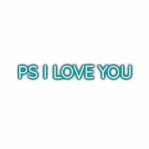 Turquoise "PS I LOVE YOU" text on white background.