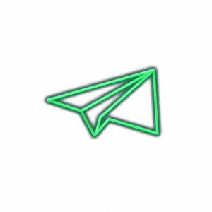 Green neon paper airplane icon on white background.