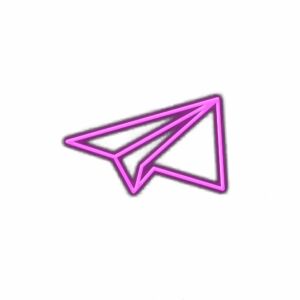 Neon pink paper plane illustration on white background.