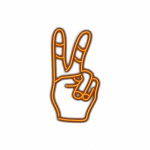 Neon peace sign hand gesture.