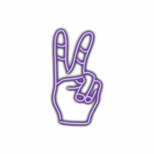 Neon purple peace hand gesture sign.