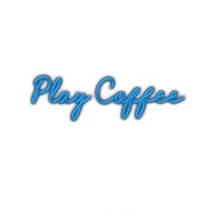 Play Coffee neon blue script logo on white