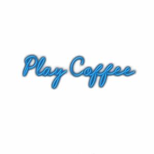 Blue neon sign text "Play Coffee".