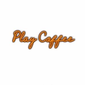 Orange "Play Coffee" neon sign text logo.