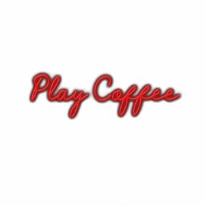 Red neon sign text "Play Coffee" logo.