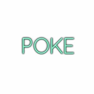 Neon green "POKE" sign on white background.