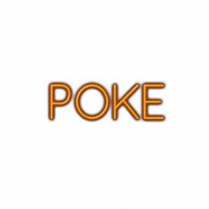 Orange 3D "POKE" text with shadow.